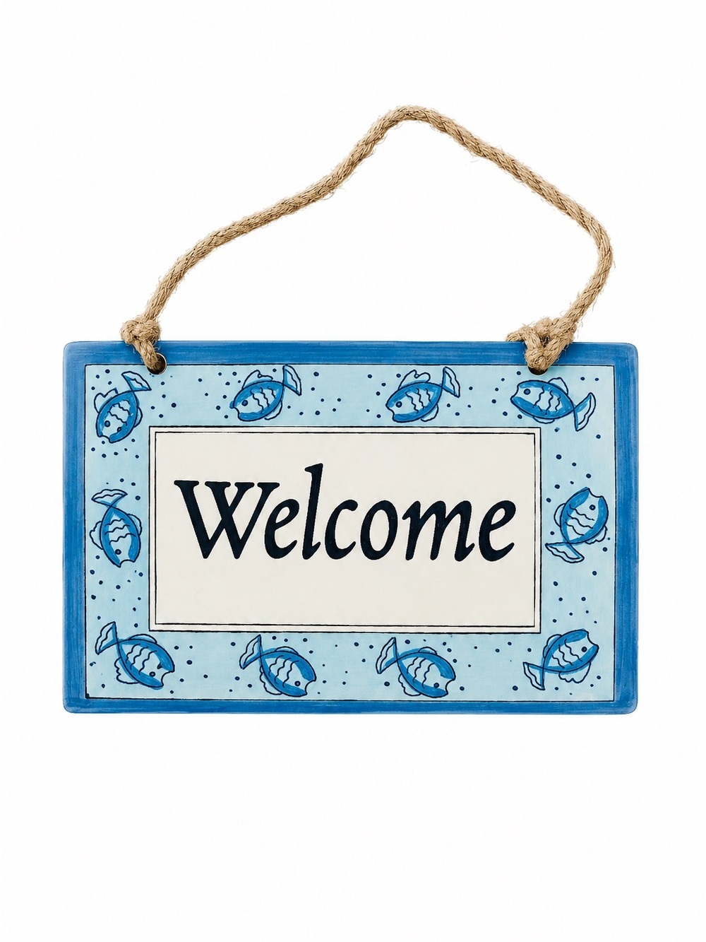 Ceramic Welcome Hanging Sign in Light Blue and Navy 🐠🐚🩵🐟